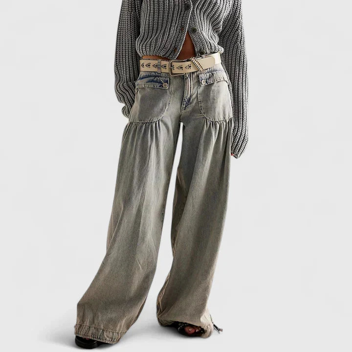 Denim Balloon Trousers Light Wash Women's Drawstring Cuff Harem Jeans – Casual, Holiday