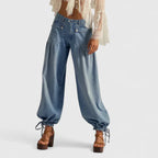Denim Balloon Trousers Light Wash Women's Drawstring Cuff Harem Jeans – Casual, Holiday