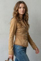 Denim Blazer Women's Tan Fitted Button-Front Jacket – Casual, Office Western Style Outerwear