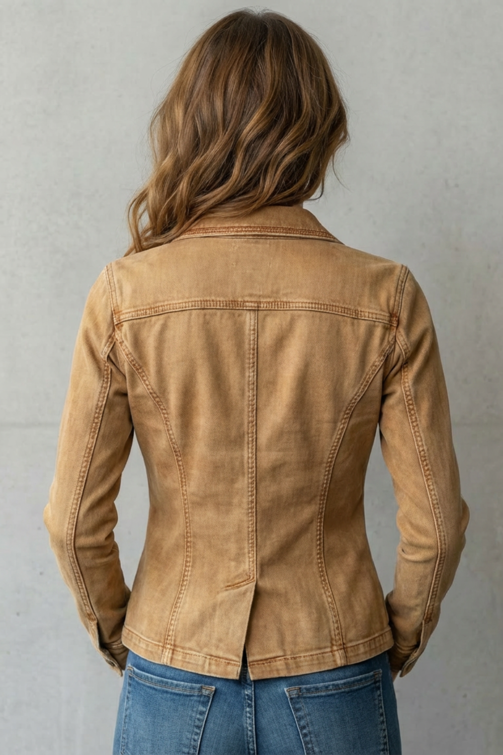 Denim Blazer Women's Tan Fitted Button-Front Jacket – Casual, Office Western Style Outerwear
