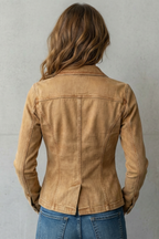 Denim Blazer Women's Tan Fitted Button-Front Jacket – Casual, Office Western Style Outerwear
