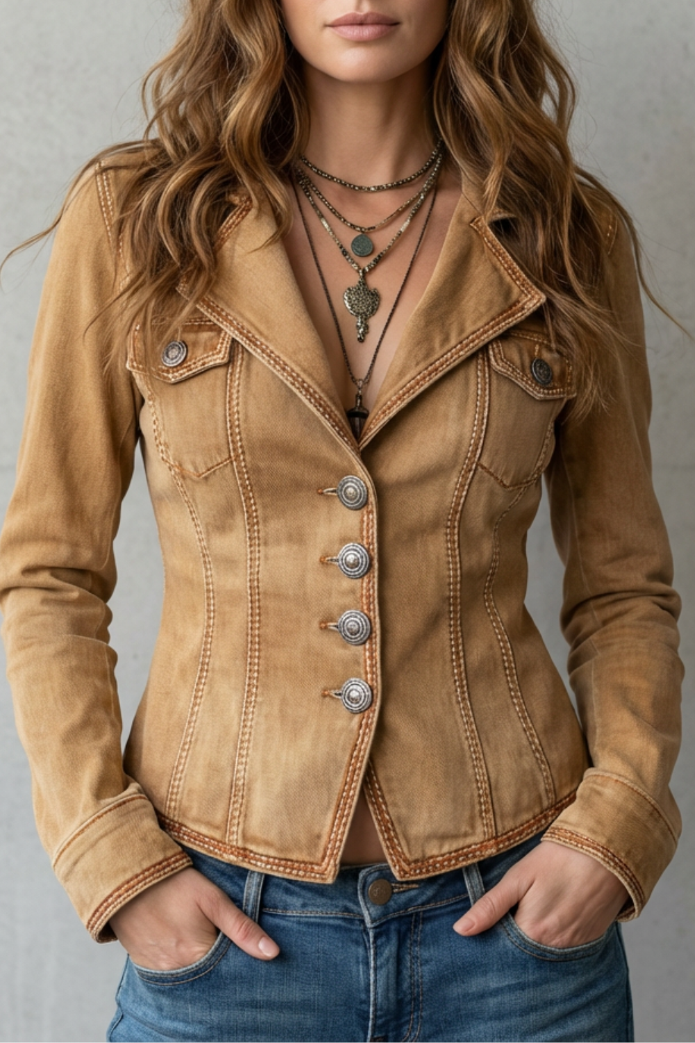 Denim Blazer Women's Tan Fitted Button-Front Jacket – Casual, Office Western Style Outerwear