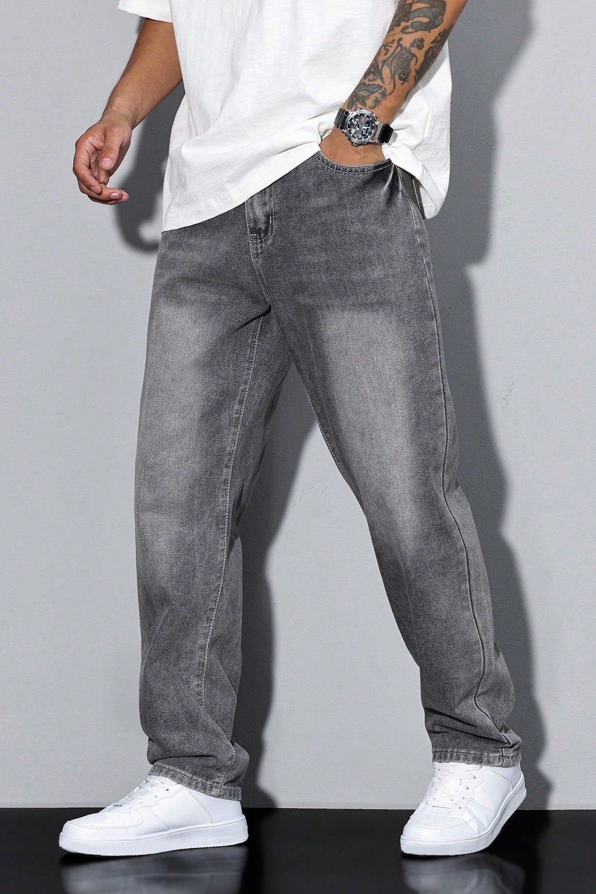 Denim Jeans Loose Fit Straight Leg Grey Acid Wash Men's – Casual, Everyday · Werune