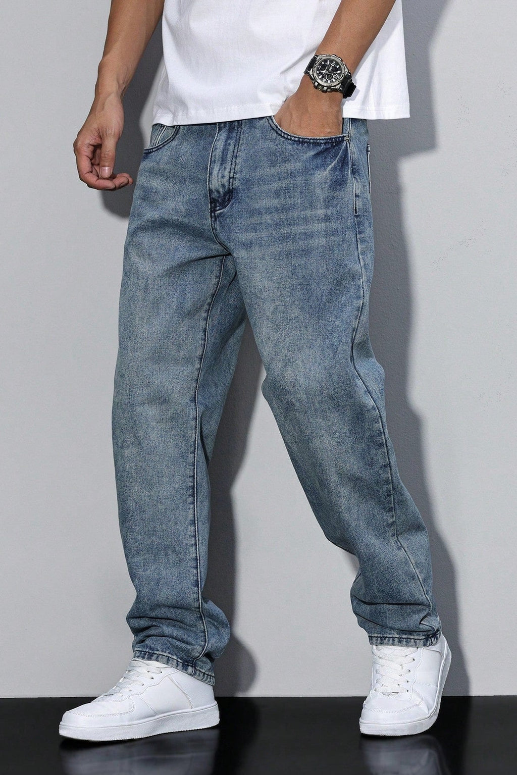 Denim Jeans Loose Fit Straight Leg Grey Acid Wash Men's – Casual, Everyday · Werune