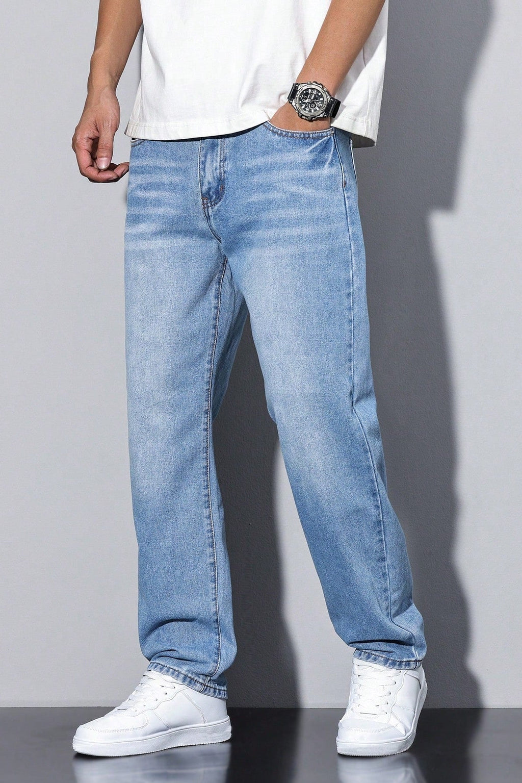 Denim Jeans Loose Fit Straight Leg Grey Acid Wash Men's – Casual, Everyday · Werune