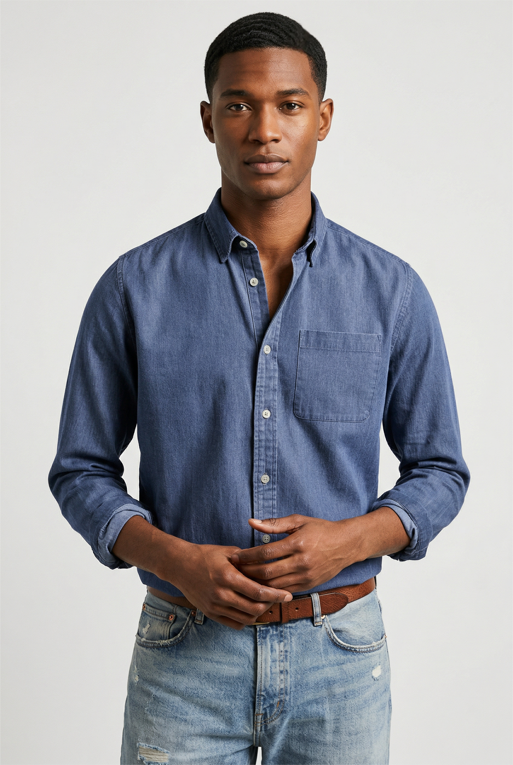 Denim Shirt Blue Long Sleeve Men's Button-Up Cotton – Casual, Office, Everyday Wear