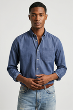 Denim Shirt Blue Long Sleeve Men's Button-Up Cotton – Casual, Office, Everyday Wear