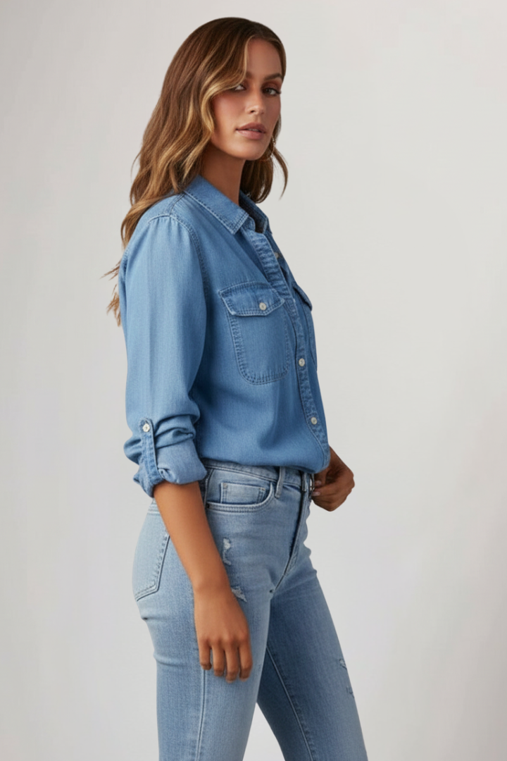 Denim Shirt Cotton Blue Women's Button-Front Long Sleeve – Casual, Office · Werune