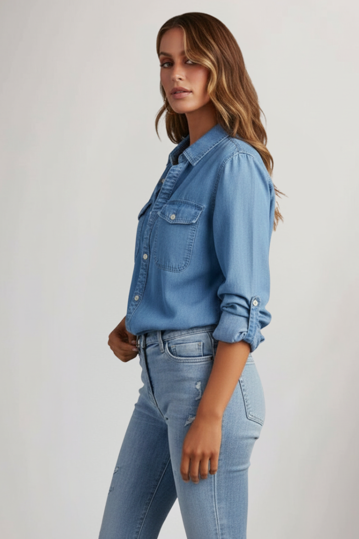 Denim Shirt Cotton Blue Women's Button-Front Long Sleeve – Casual, Office · Werune