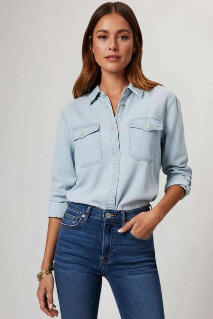 Denim Shirt Cotton Blue Women's Button-Front Long Sleeve – Casual, Office · Werune