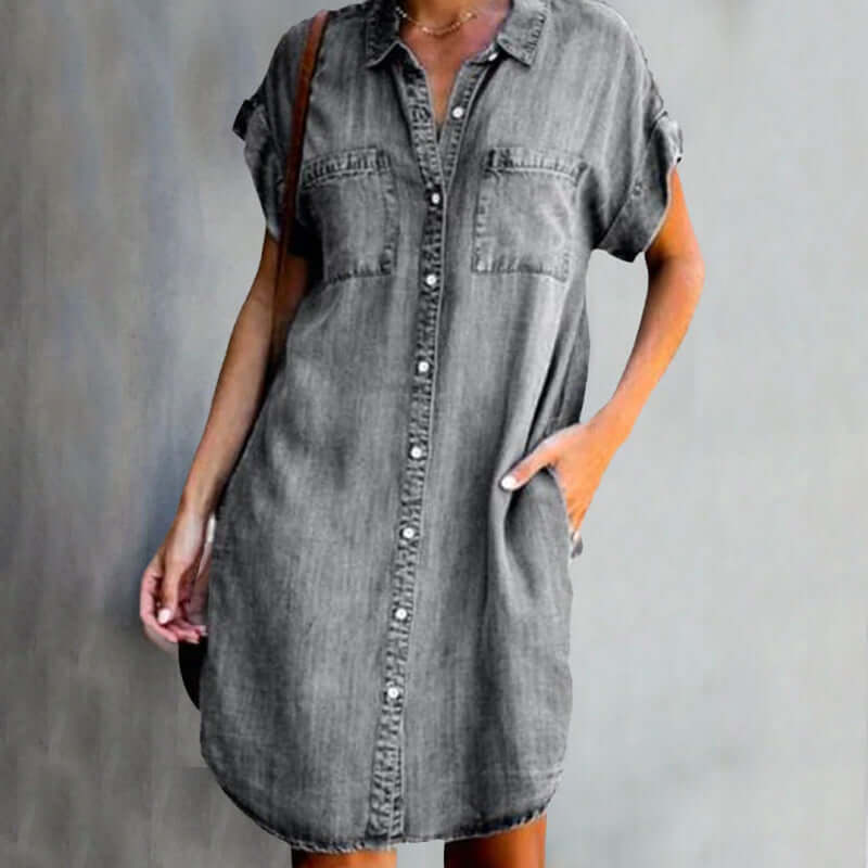 Denim Shirt Dress Women's Short Sleeve Button-Up Blue with Pockets – Casual, Office, Holiday