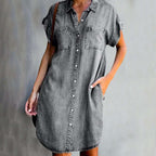 Denim Shirt Dress Women's Short Sleeve Button-Up Blue with Pockets – Casual, Office, Holiday