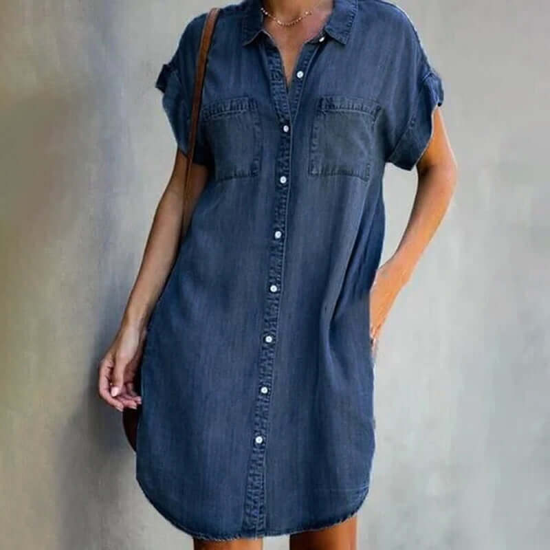 Denim Shirt Dress Women's Short Sleeve Button-Up Blue with Pockets – Casual, Office, Holiday