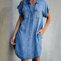 Denim Shirt Dress Women's Short Sleeve Button-Up Blue with Pockets – Casual, Office, Holiday