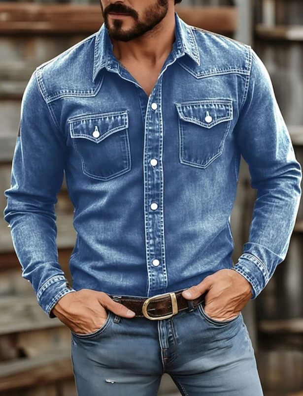Denim Shirt Men's Washed Red Long Sleeve Button Up – Casual, Office, Holiday, Gift