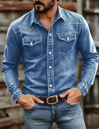 Denim Shirt Men's Washed Red Long Sleeve Button Up – Casual, Office, Holiday, Gift