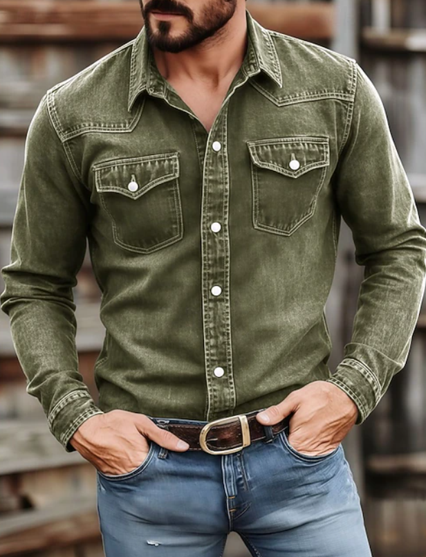 Denim Shirt Men's Washed Red Long Sleeve Button Up – Casual, Office, Holiday, Gift