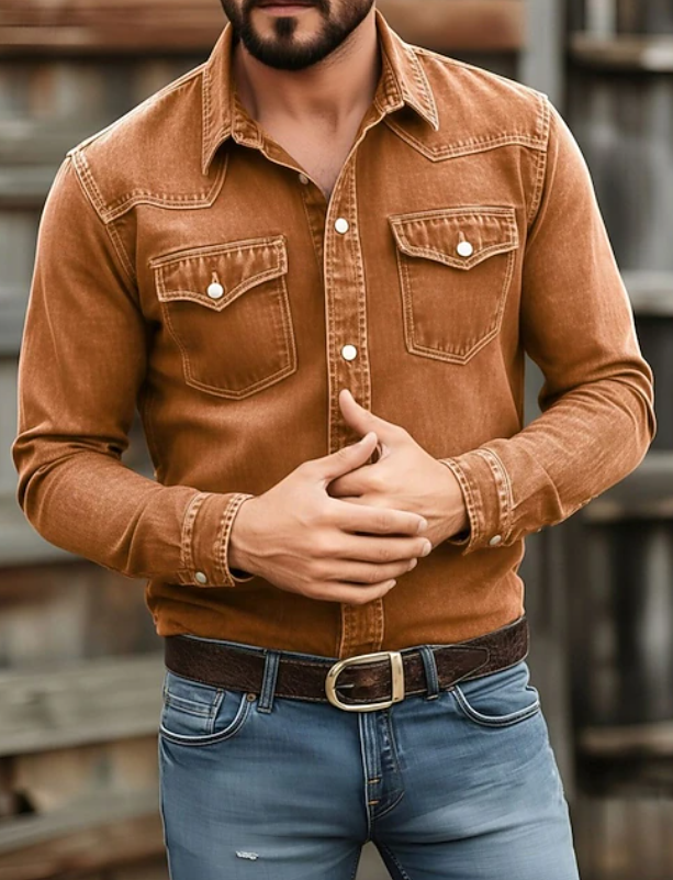 Denim Shirt Men's Washed Red Long Sleeve Button Up – Casual, Office, Holiday, Gift