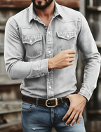 Denim Shirt Men's Washed Red Long Sleeve Button Up – Casual, Office, Holiday, Gift