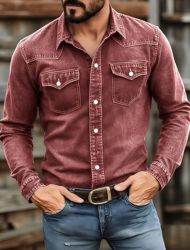 Denim Shirt Men's Washed Red Long Sleeve Button Up – Casual, Office, Holiday, Gift