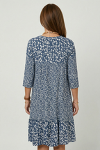 Ditsy Floral Print Midi Dress V Neck Women's 3/4 Sleeve Tiered Smock – Casual, Holiday