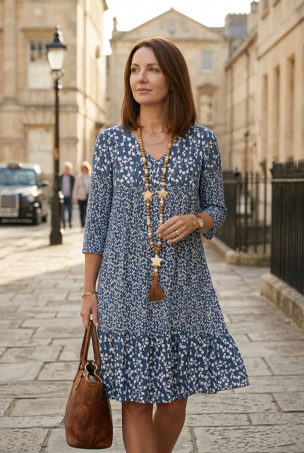 Ditsy Floral Print Midi Dress V Neck Women's 3/4 Sleeve Tiered Smock – Casual, Holiday