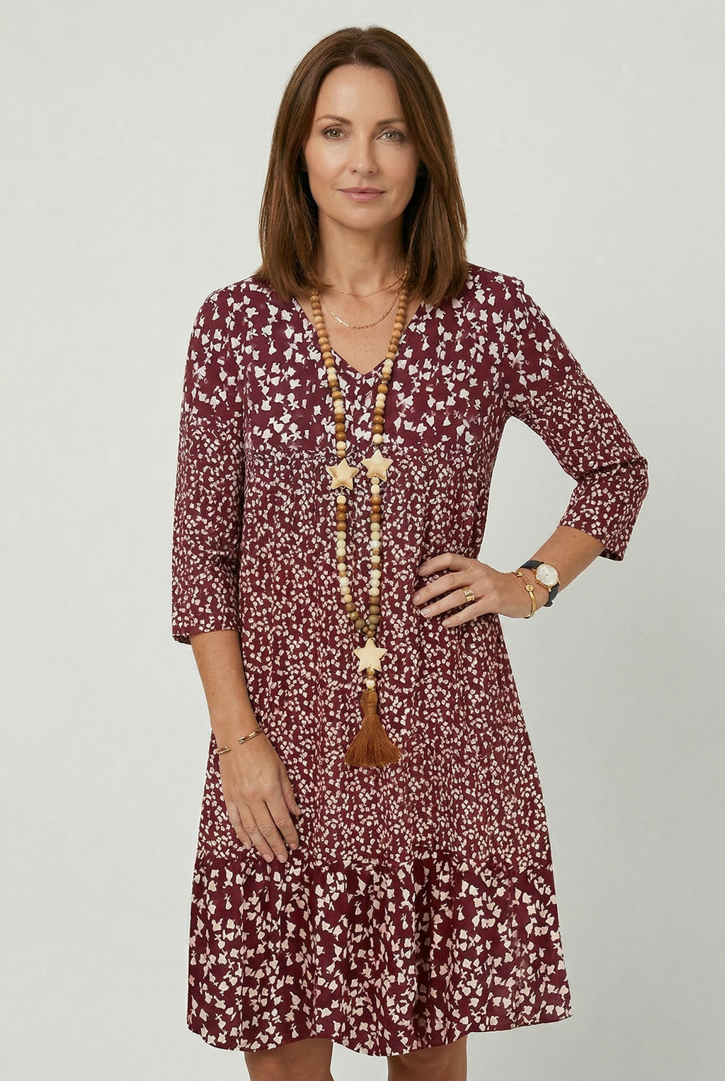 Ditsy Floral Print Midi Dress V Neck Women's 3/4 Sleeve Tiered Smock – Casual, Holiday