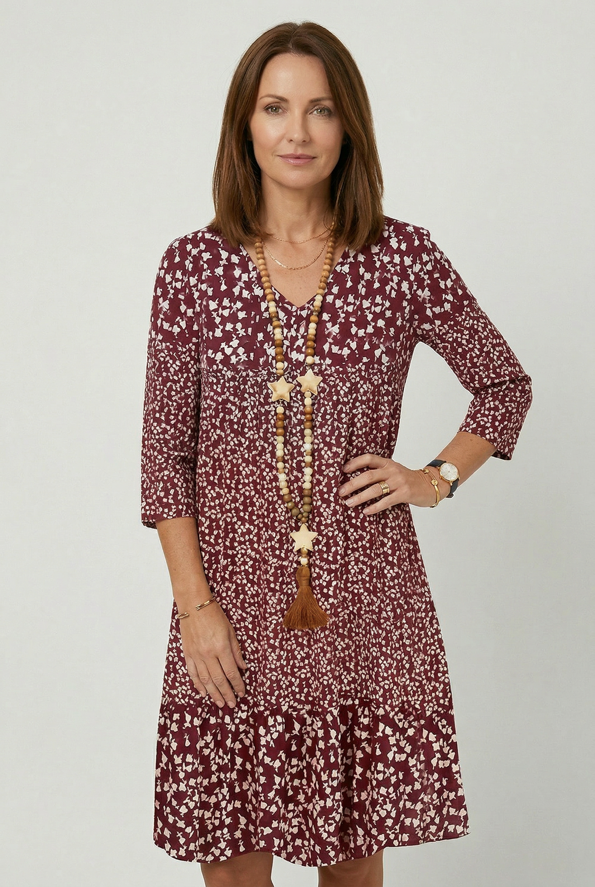 Ditsy Floral Print Midi Dress V Neck Women's 3/4 Sleeve Tiered Smock – Casual, Holiday