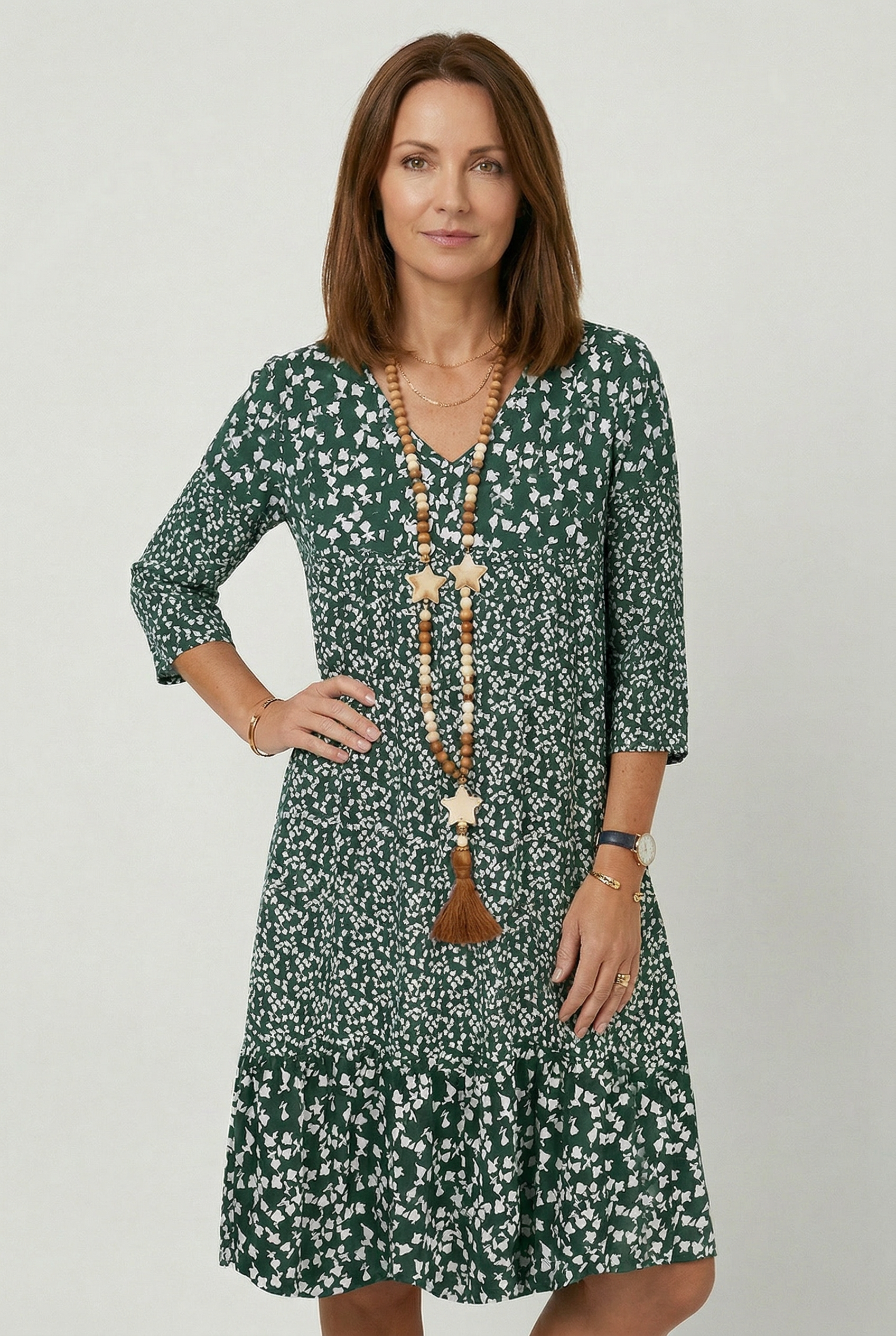 Ditsy Floral Print Midi Dress V Neck Women's 3/4 Sleeve Tiered Smock – Casual, Holiday