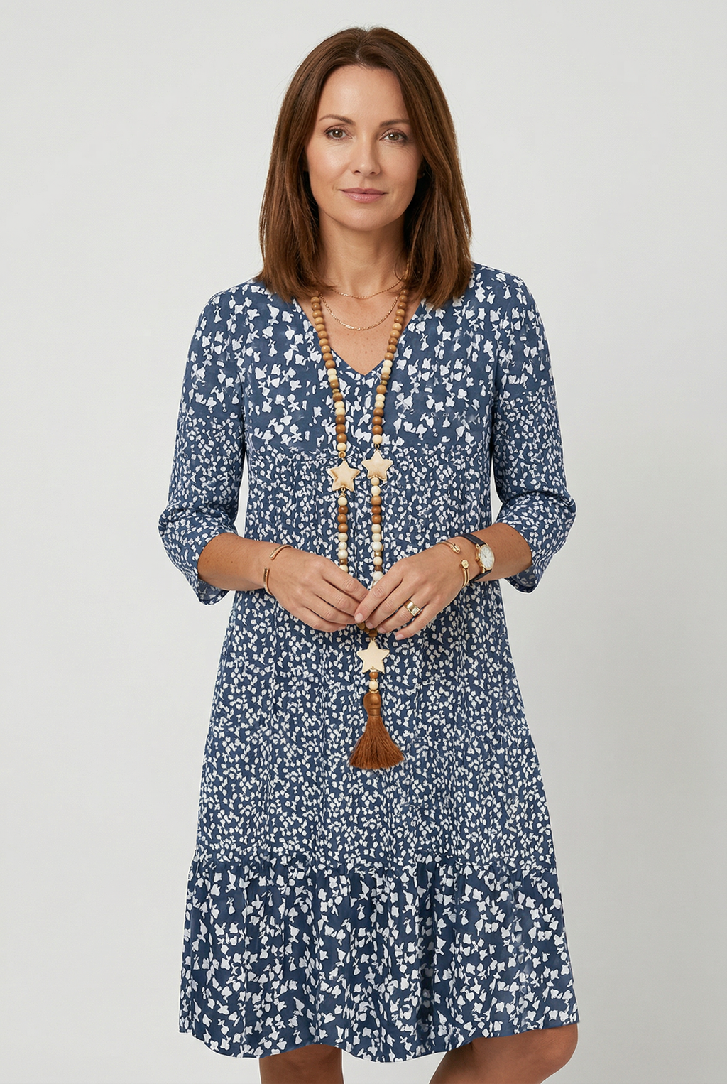 Ditsy Floral Print Midi Dress V Neck Women's 3/4 Sleeve Tiered Smock – Casual, Holiday
