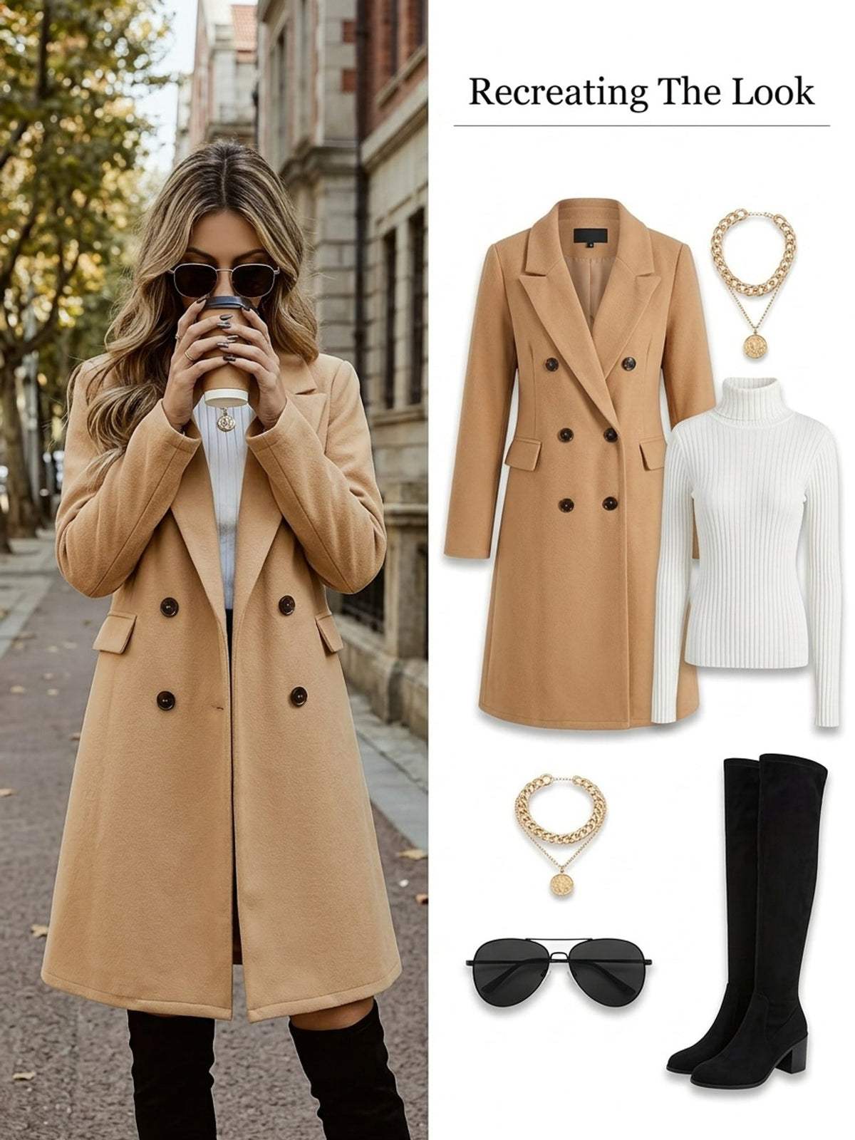 Double-Breasted Coat Camel Lapel Women's Mid-Length Overcoat – Office, Casual, Winter Outerwear