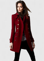 Double-Breasted Coat Wine Red Women's Slim Fit Long Sleeve – Office, Casual, Winter Outerwear