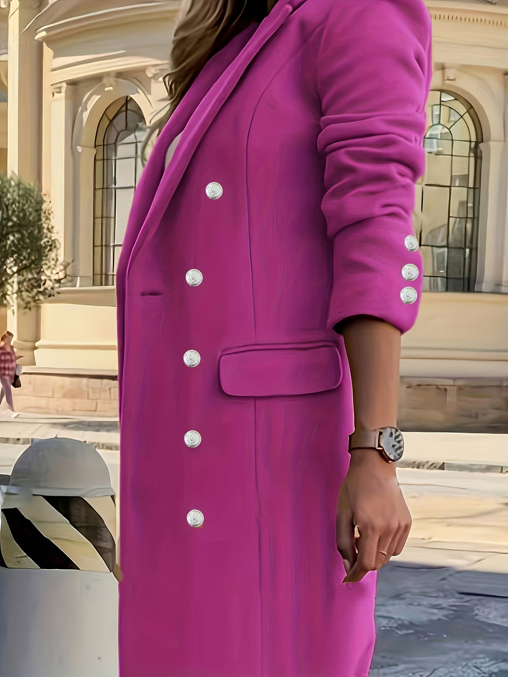Double-Breasted Longline Coat Women's Lapel Overcoat Pink – Office, Casual, Holiday, Gift