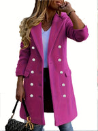Double-Breasted Longline Coat Women's Lapel Overcoat Pink – Office, Casual, Holiday, Gift