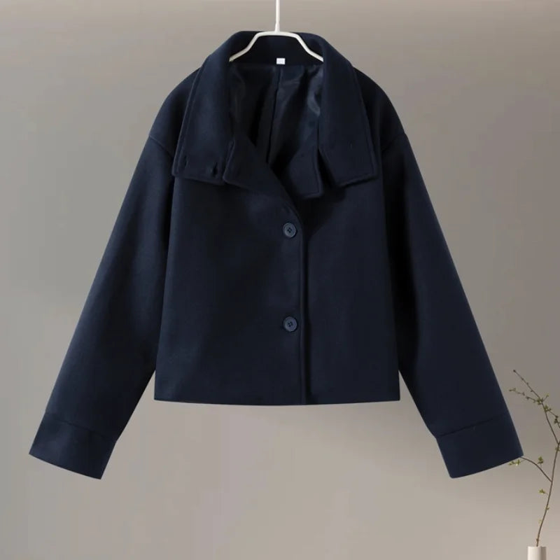 Double-Breasted Pea Coat Wool-Blend Grey Women's Stand Collar – Office, Casual, Winter, Gift