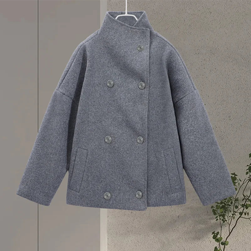 Double-Breasted Pea Coat Wool-Blend Grey Women's Stand Collar – Office, Casual, Winter, Gift