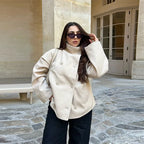 Double-Breasted Pea Coat Wool-Blend Grey Women's Stand Collar – Office, Casual, Winter, Gift