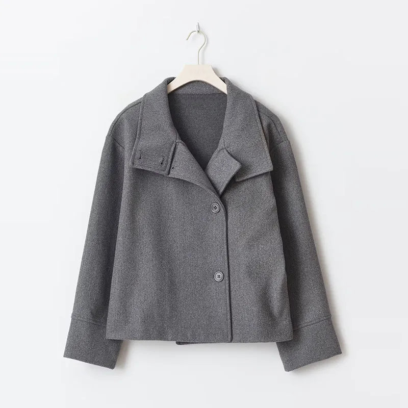 Double-Breasted Pea Coat Wool-Blend Grey Women's Stand Collar – Office, Casual, Winter, Gift