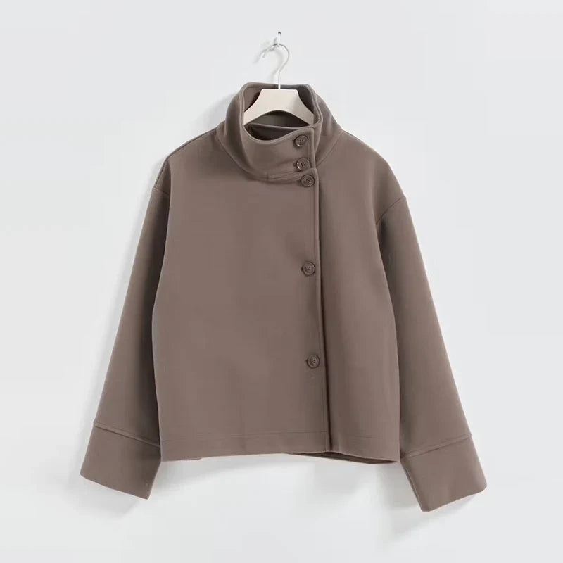 Double-Breasted Pea Coat Wool-Blend Grey Women's Stand Collar – Office, Casual, Winter, Gift
