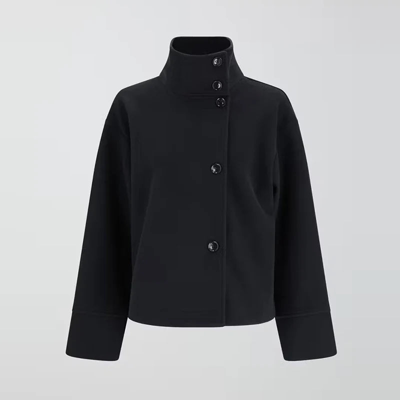 Double-Breasted Pea Coat Wool-Blend Grey Women's Stand Collar – Office, Casual, Winter, Gift