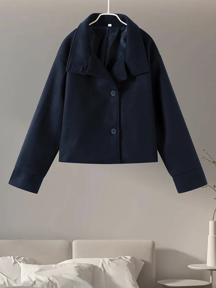 Double-Breasted Pea Coat Wool-Blend Grey Women's Stand Collar – Office, Casual, Winter, Gift
