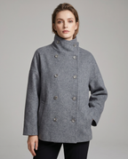 Double-Breasted Pea Coat Wool-Blend Grey Women's Stand Collar – Office, Casual, Winter, Gift