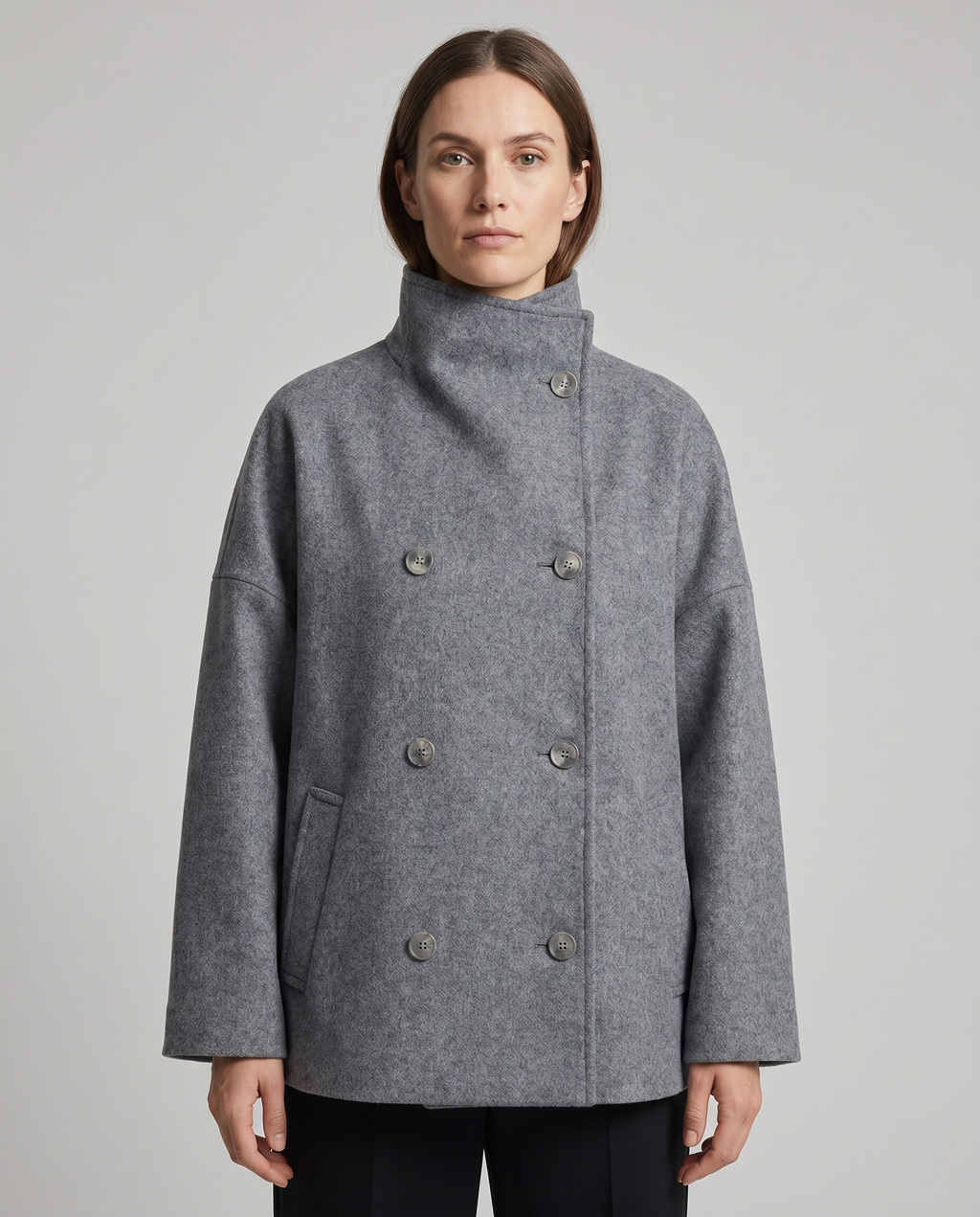 Double-Breasted Pea Coat Wool-Blend Grey Women's Stand Collar – Office, Casual, Winter, Gift