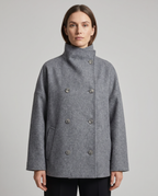 Double-Breasted Pea Coat Wool-Blend Grey Women's Stand Collar – Office, Casual, Winter, Gift