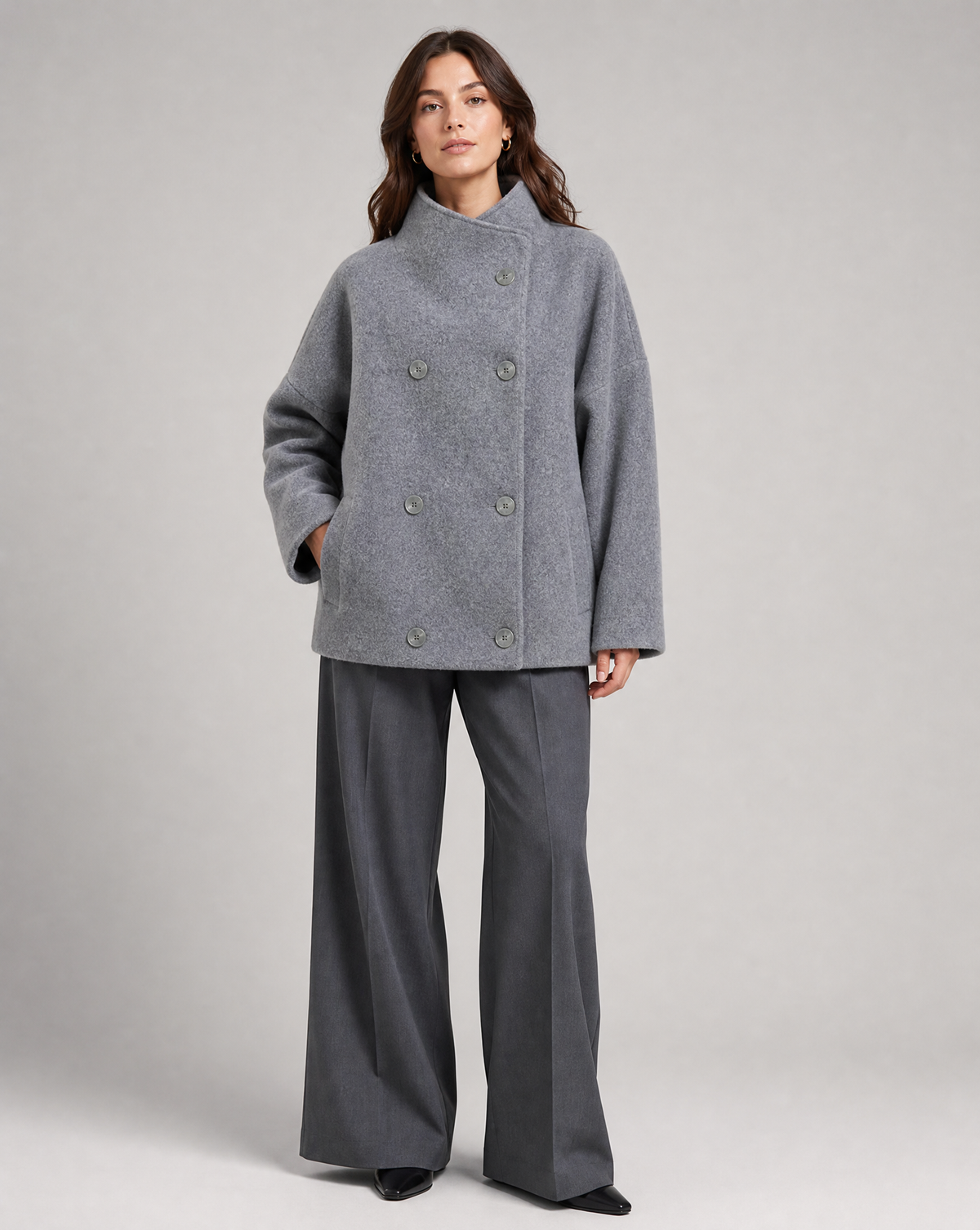 Double-Breasted Pea Coat Wool-Blend Grey Women's Stand Collar – Office, Casual, Winter, Gift
