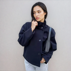 Double-Breasted Pea Coat Wool-Blend Grey Women's Stand Collar – Office, Casual, Winter, Gift