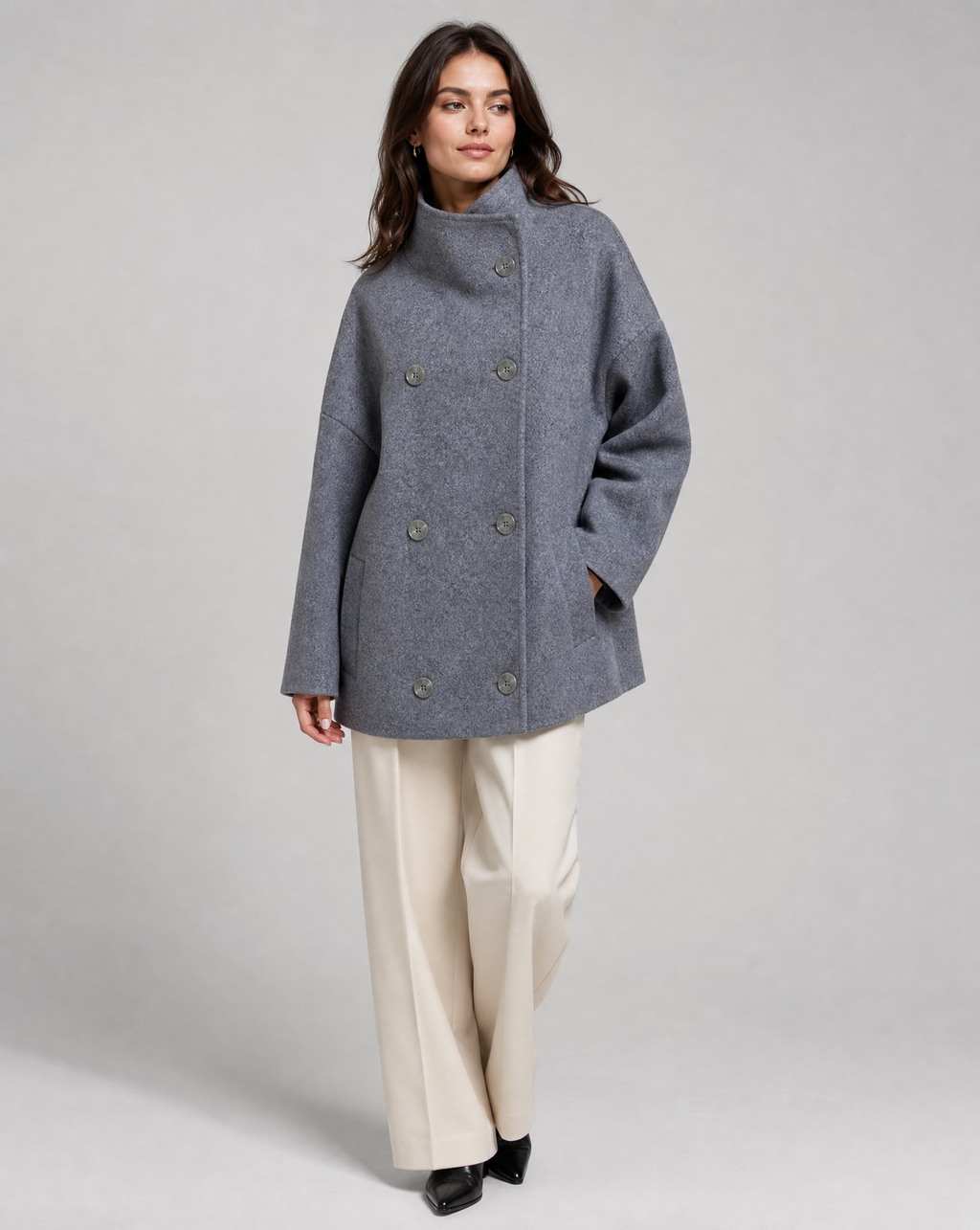 Double-Breasted Pea Coat Wool-Blend Grey Women's Stand Collar – Office, Casual, Winter, Gift