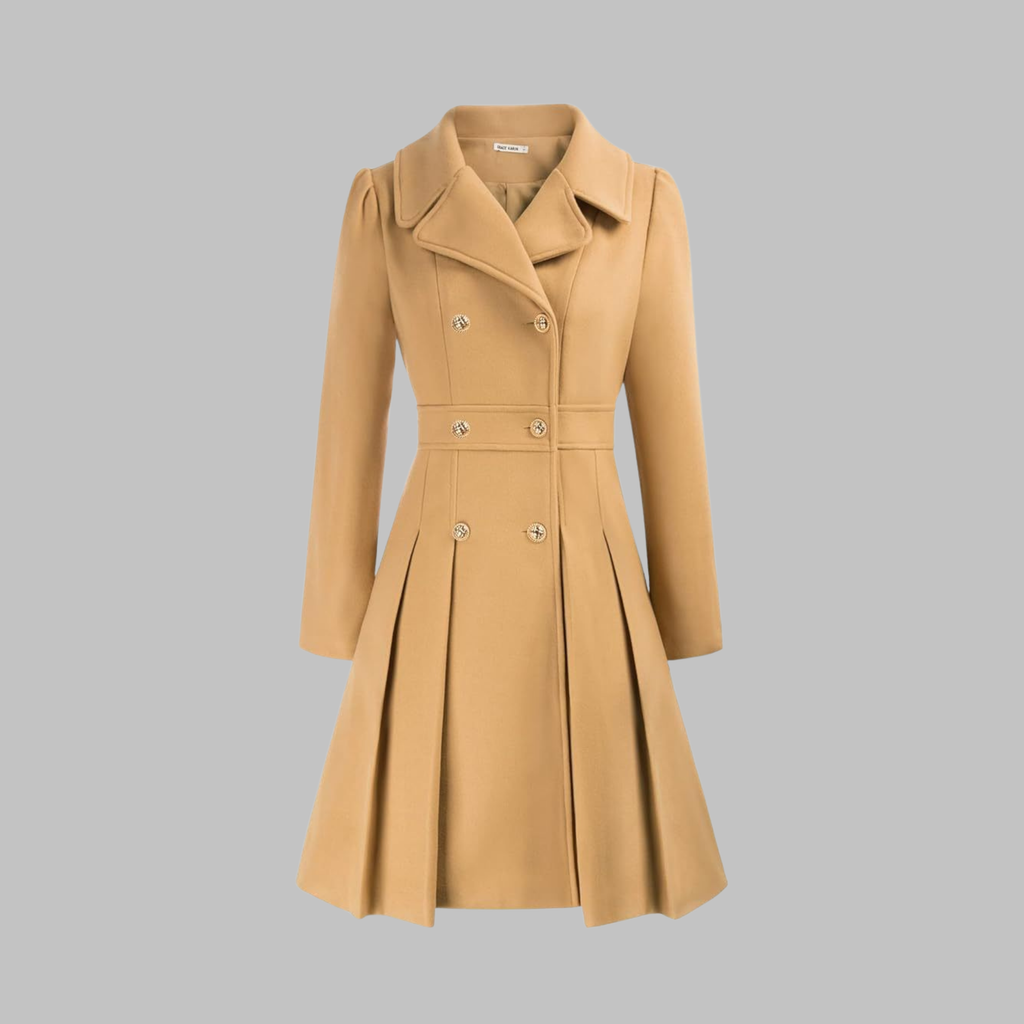 Double-Breasted Trench Coat Women's Burgundy Pleated Lapel Long Sleeve – Office, Casual, Winter, Gift
