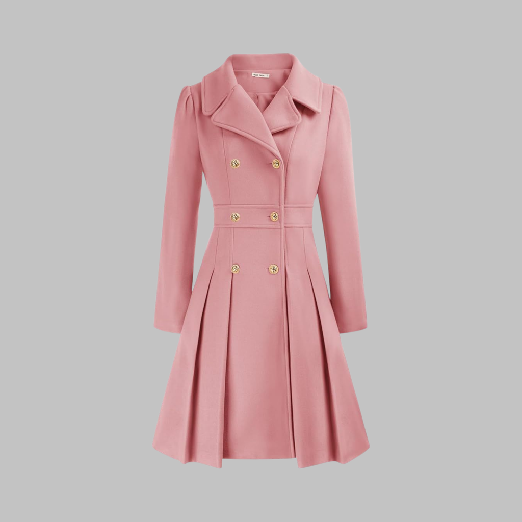 Double-Breasted Trench Coat Women's Burgundy Pleated Lapel Long Sleeve – Office, Casual, Winter, Gift
