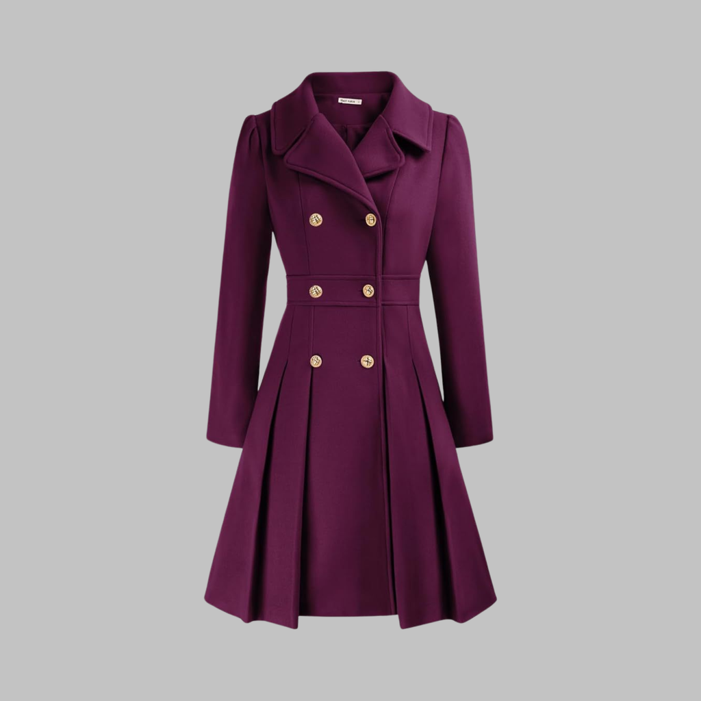 Double-Breasted Trench Coat Women's Burgundy Pleated Lapel Long Sleeve – Office, Casual, Winter, Gift